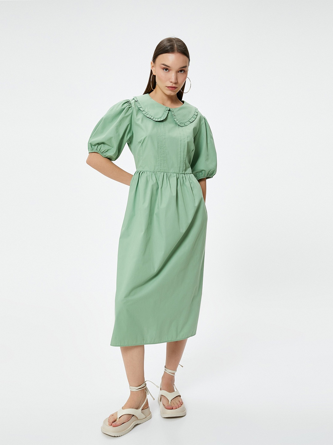 

Koton Puff Sleeve Fit & Flare Midi Dress, Green
