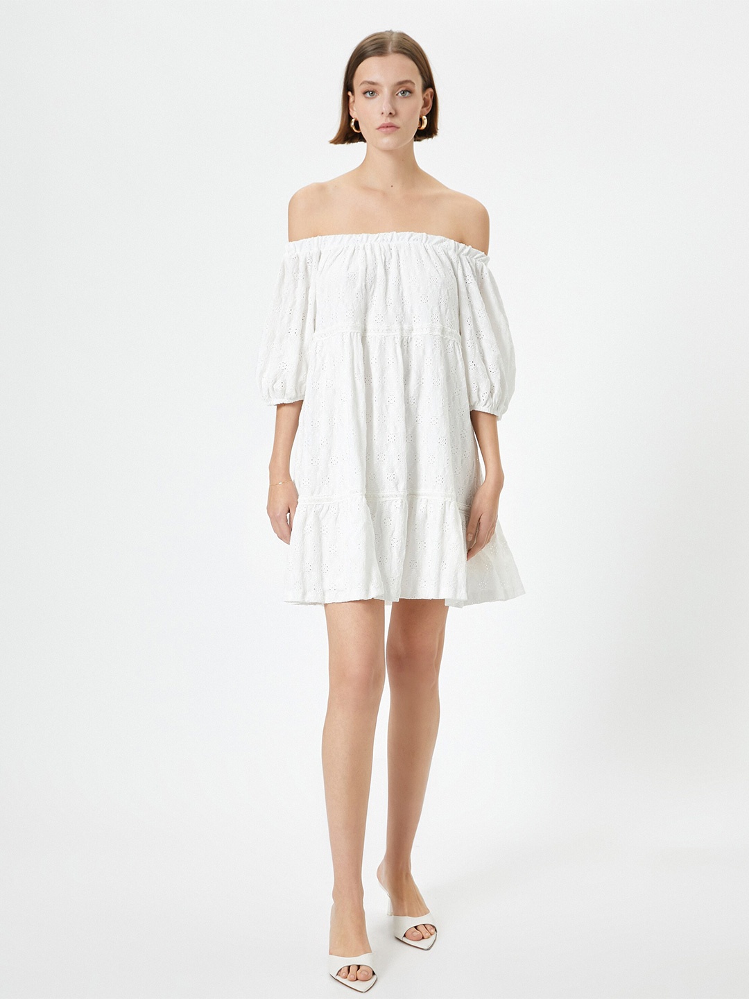 

Koton Off-Shoulder Puff Sleeve A-Line Dress, White