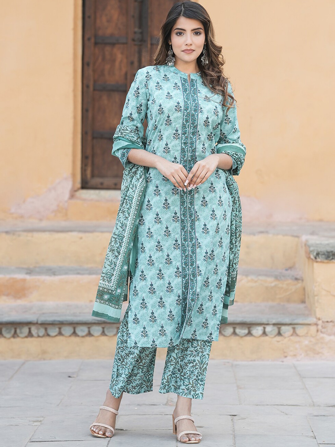 

KALINI Ethnic Motifs Printed Thread Work Pure Cotton Kurta with Trousers & Dupatta, Teal