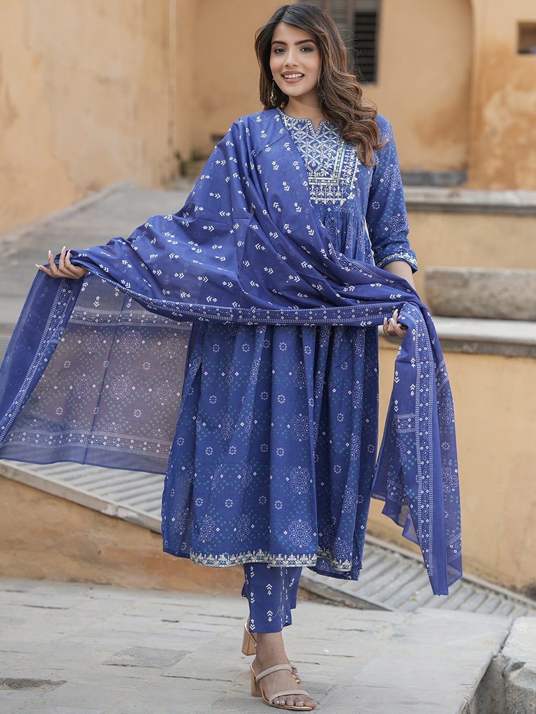 

KALINI Bandhani Embroidered Round Neck Thread Work Pure Cotton Kurta Trousers & Dupatta, Blue