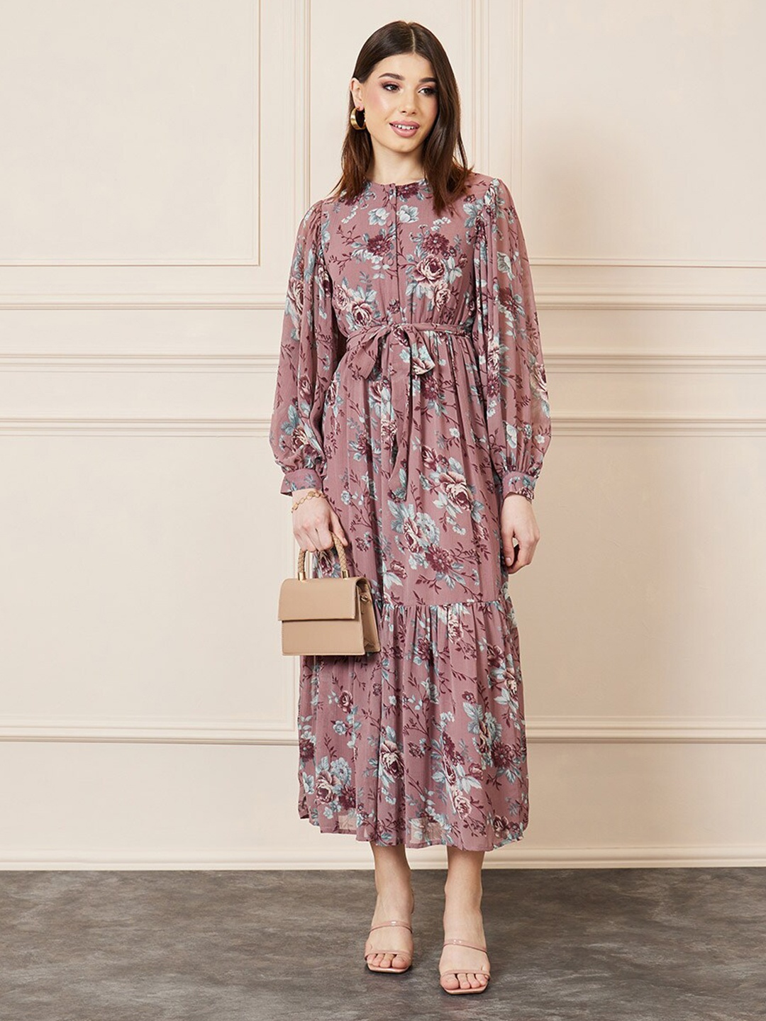 

Styli Floral Print Volume Sleeve A-Line Maxi Dress with tie belt, Pink