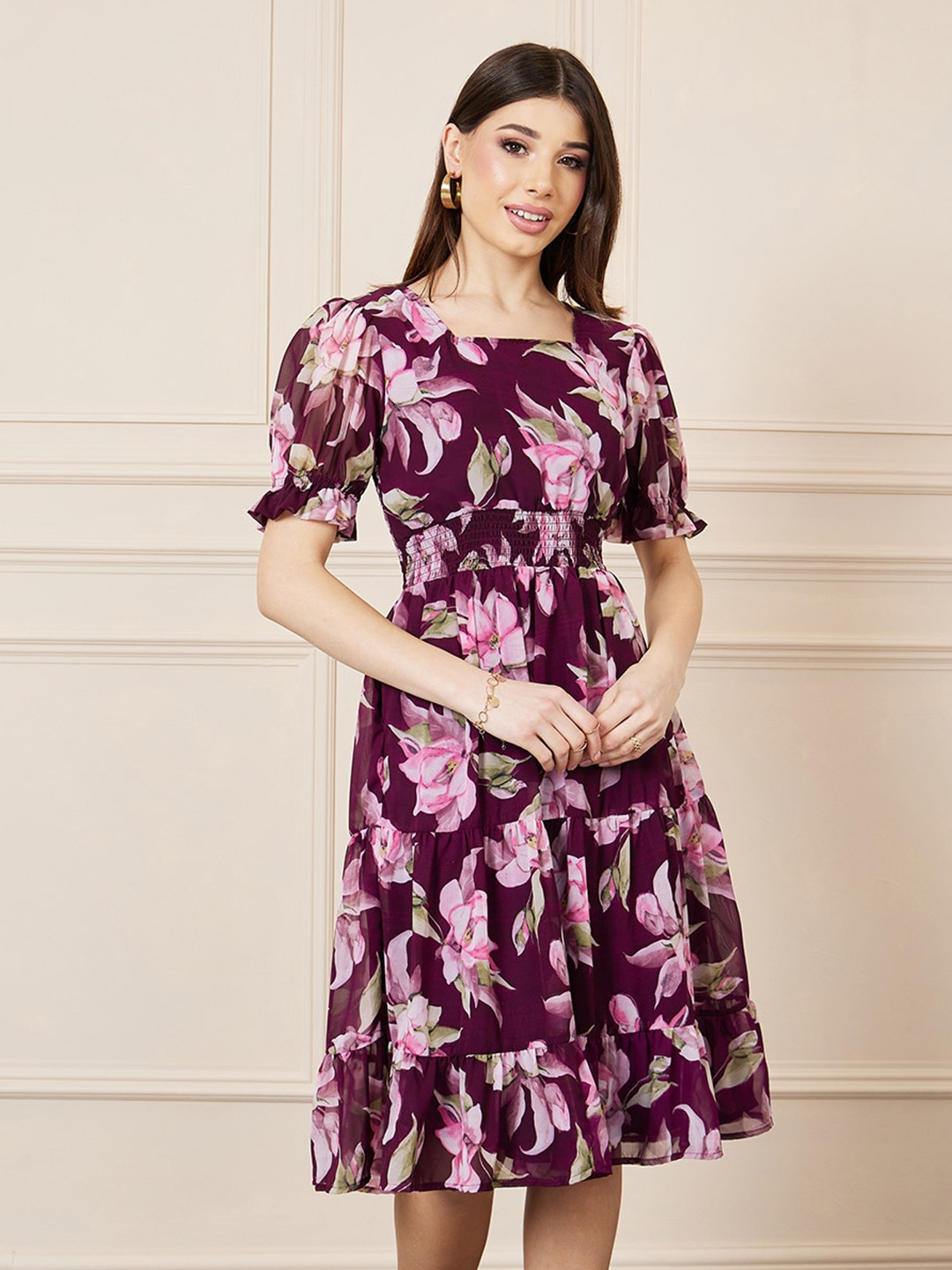 

Styli Floral Print Puff Sleeve Fit & Flare Dress, Burgundy