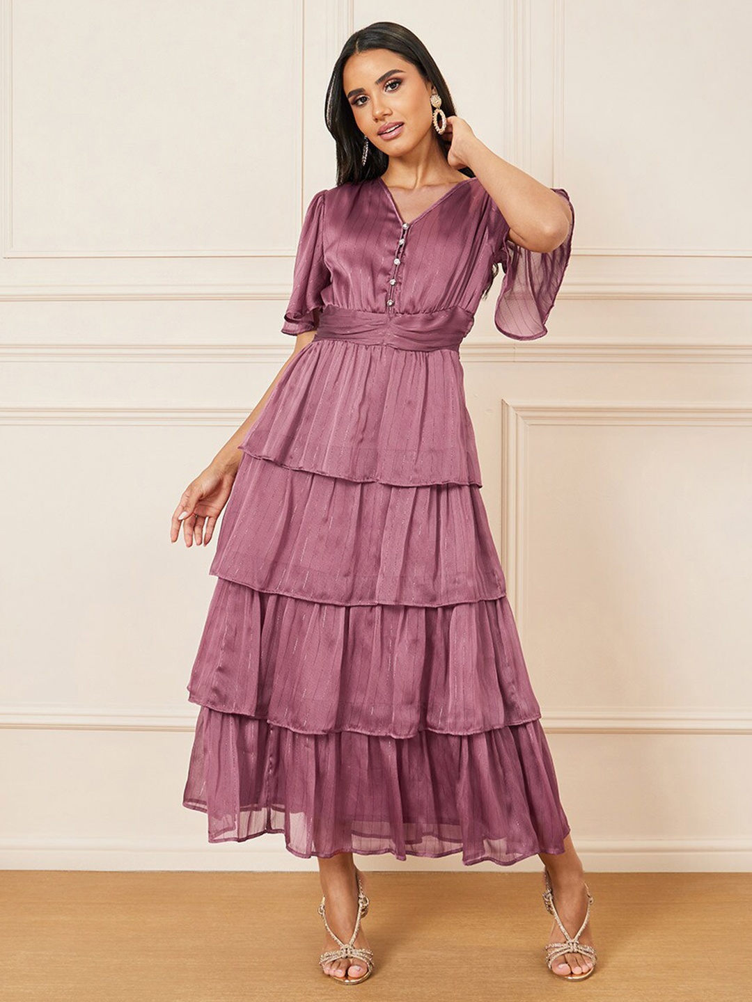 

Styli Lurex Striped Button Detail Layered Maxi Dress, Pink