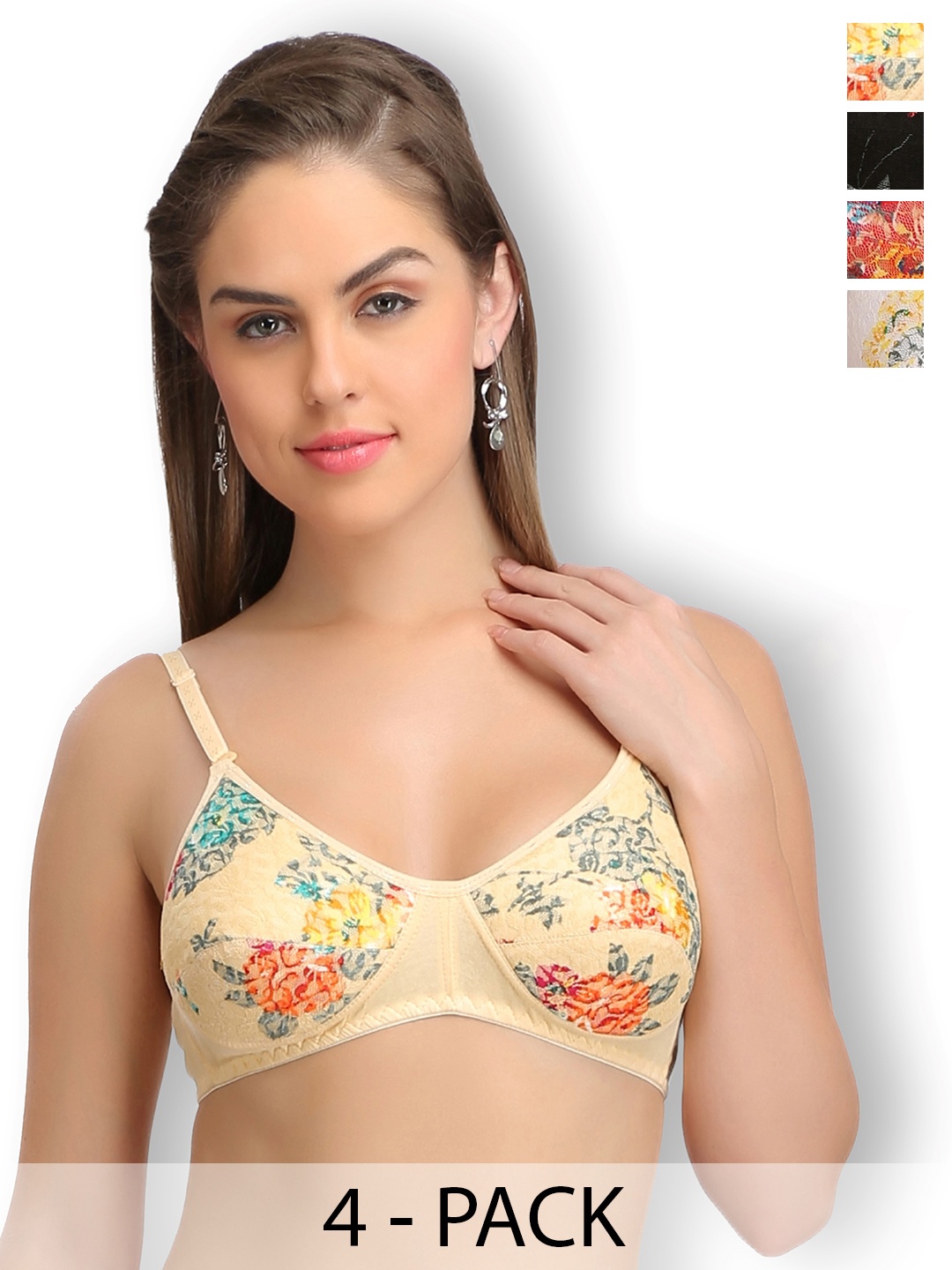 

Selfcare Pack of 4 Self Design Wirefree Lightly Padded Full Coverage T-shirt Bra-SN0927, Beige