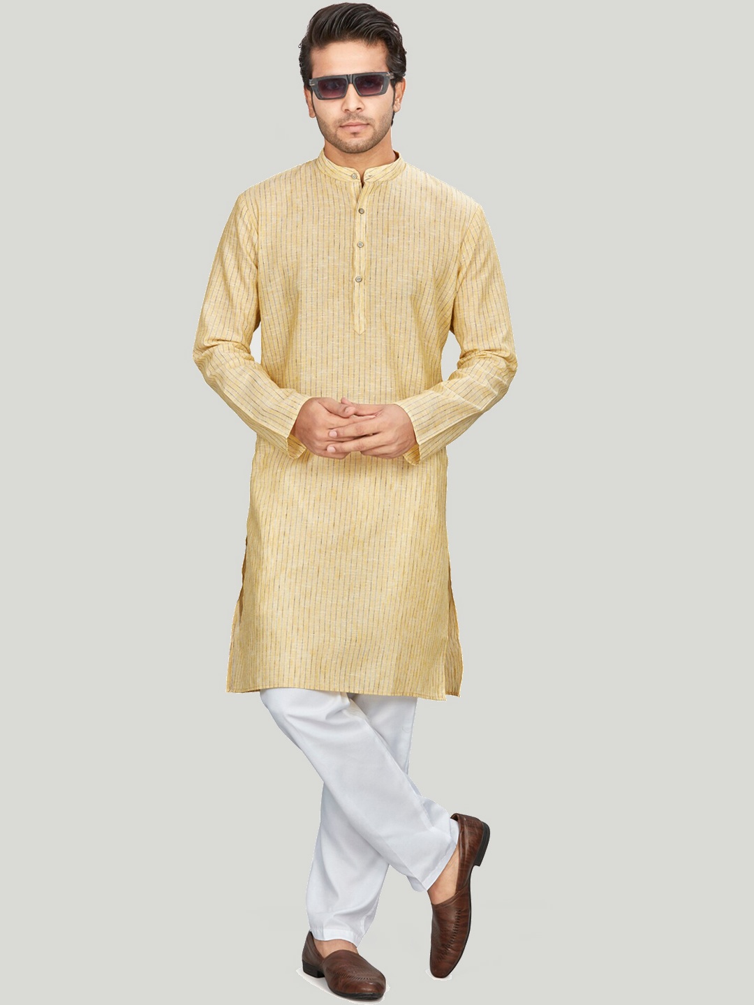 

Authentics Men Striped Thread Work Pathani Kurta, Yellow