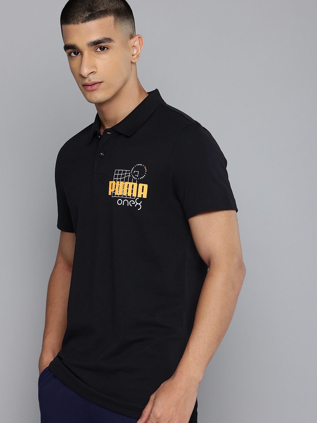 

one8 x PUMA Men Brand Logo Printed Polo Collar Slim Fit T-shirt, Black