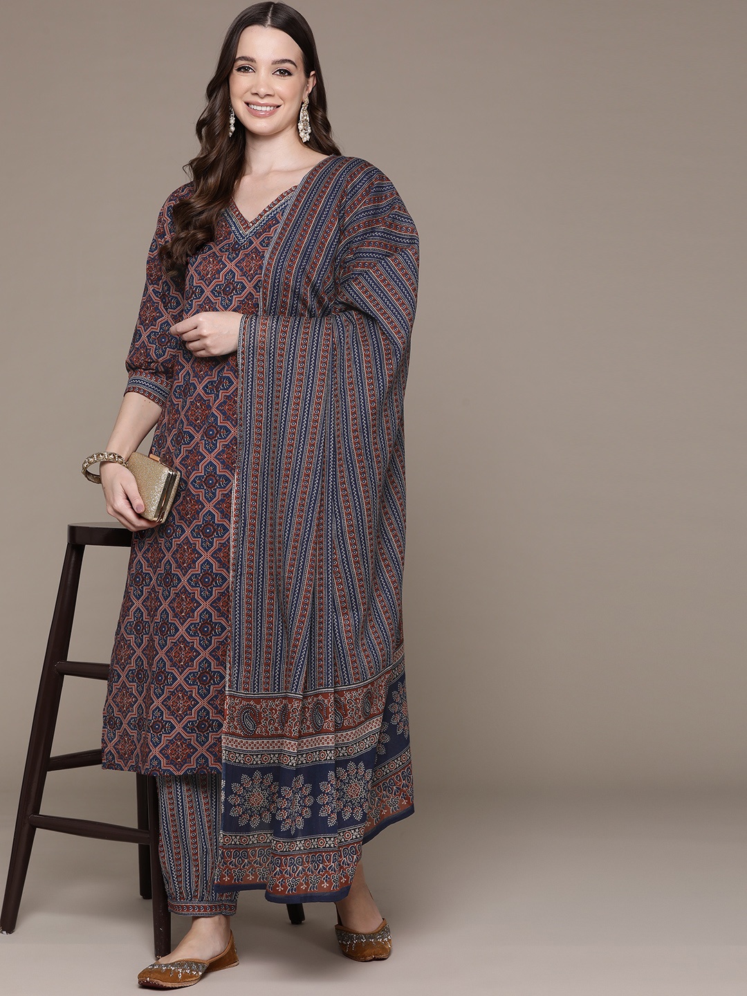 Readiprint Ethnic Motifs Printed Sequinned Pure Cotton Kurta Set, Navy blue