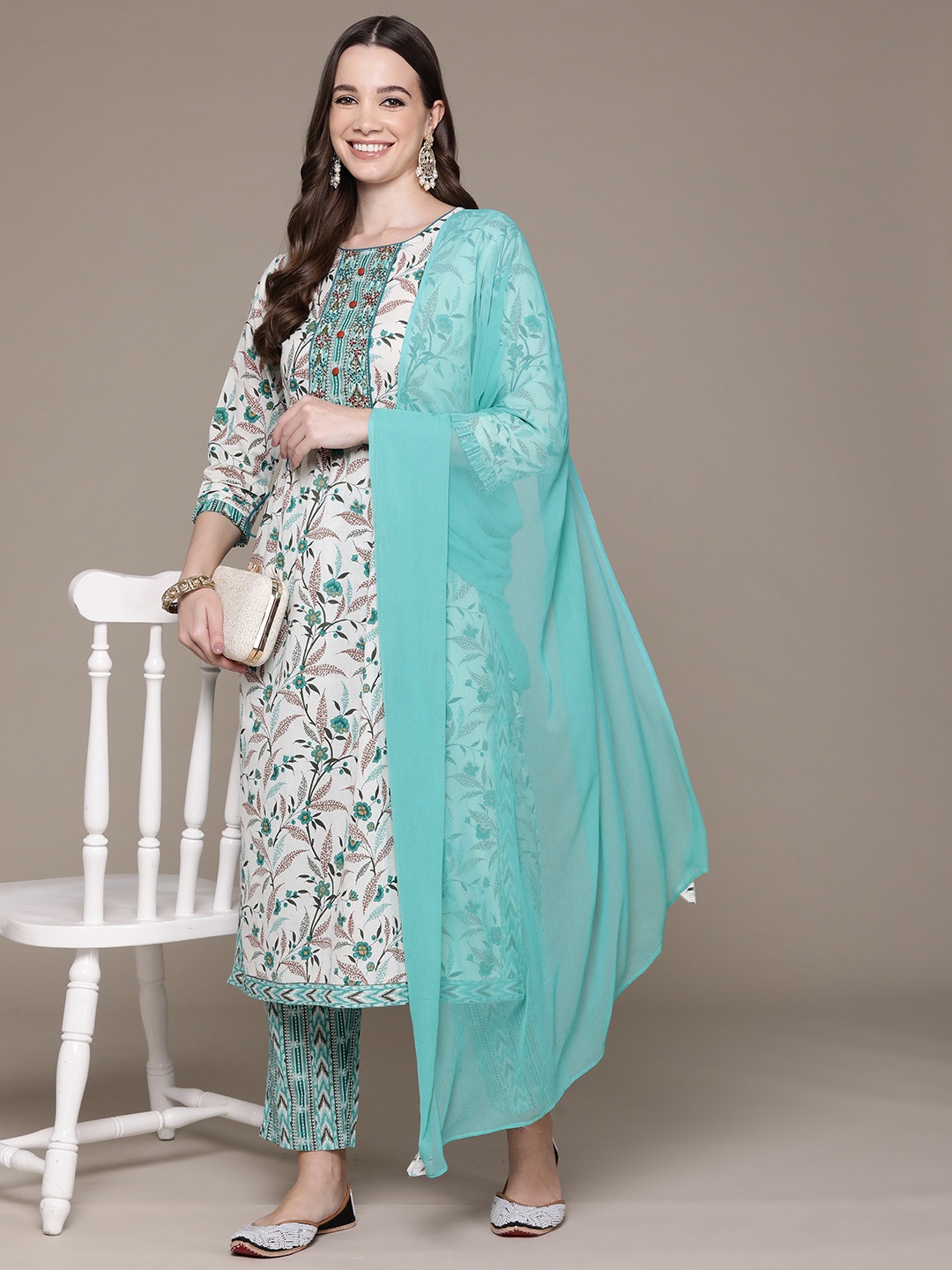 

Readiprint Floral Printed Pleated Thread Work Pure Cotton Kurta Set, Blue