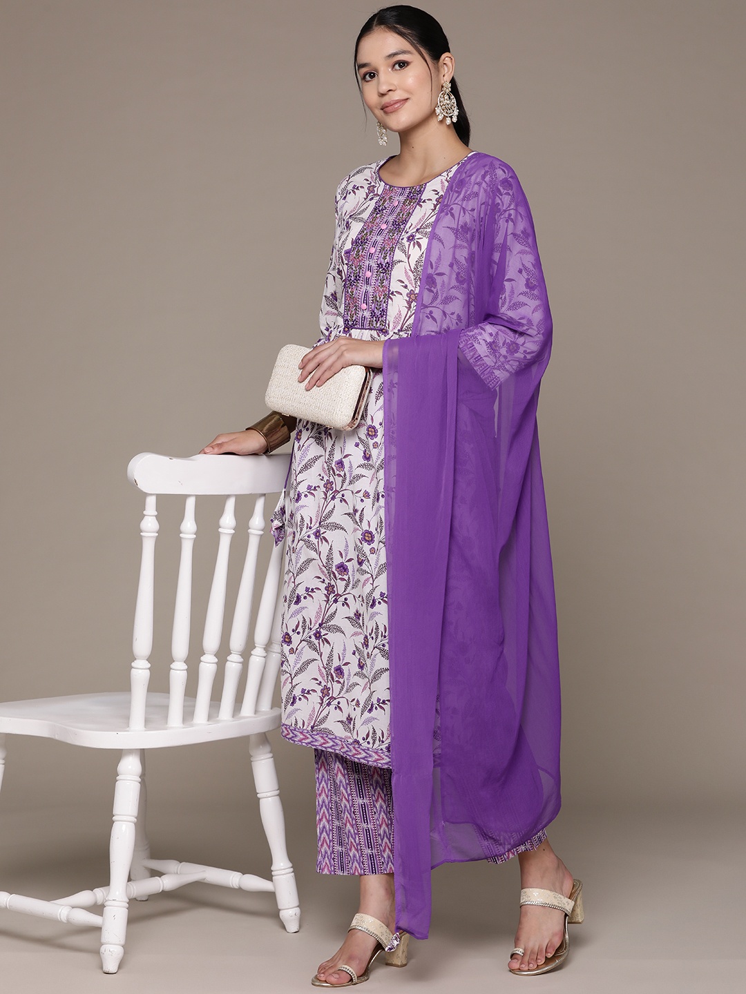 

Readiprint Floral Printed Pleated Thread Work Pure Cotton Kurta Set, Purple