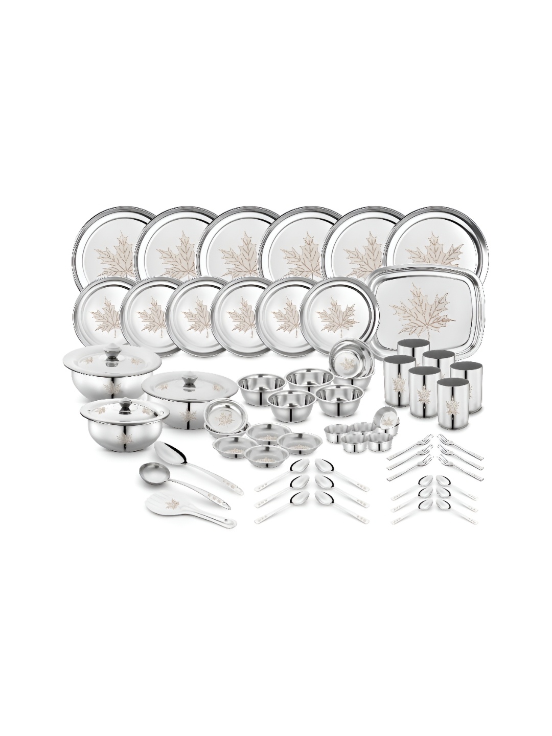 

Classic Essentials Silver Toned 61 Pieces Printed Stainless Steel Glossy Dinner Set