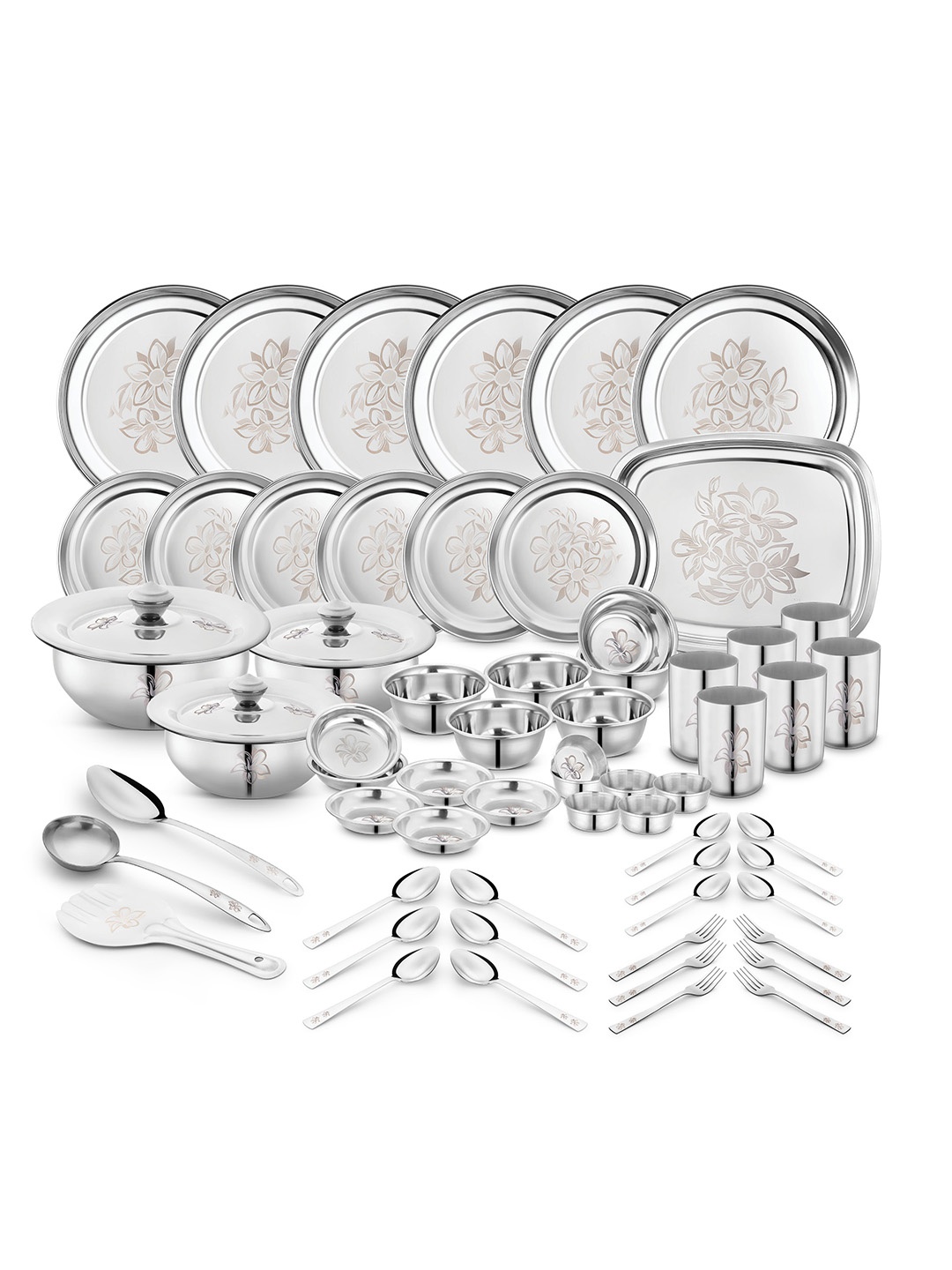 

Classic Essentials Silver-Toned 61 Pieces Printed Stainless Steel Glossy Dinner Set