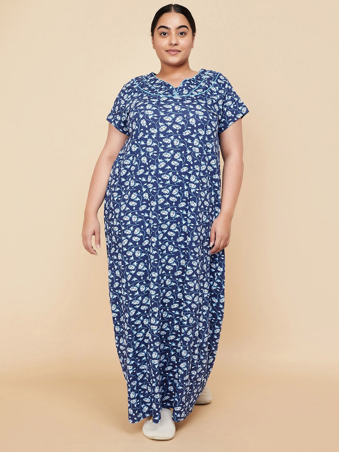 

max Plus Size Floral Printed Pure Cotton Maxi Nightdress, Navy blue