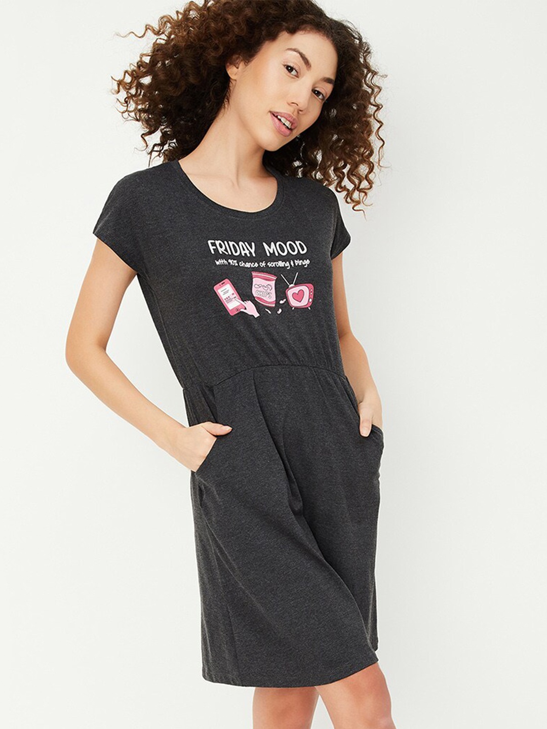 

max Printed T-shirt Nightdress, Charcoal