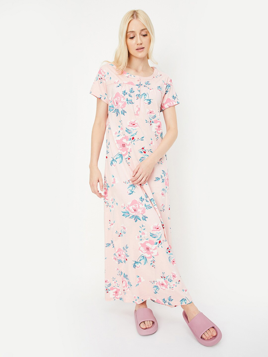 

max Floral Printed Pure Cotton Maxi Nightdress, Pink