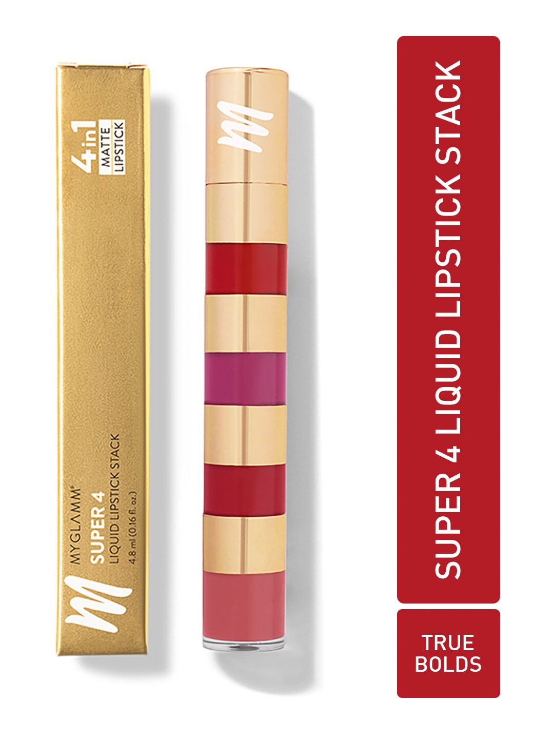 

MyGlamm Super 4-In-1 Matte Liquid Lipstick Stack 4.8 ml - True Bolds, Red