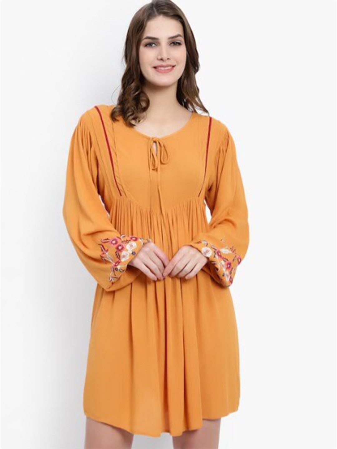 

DRIRO Tie-Up Neck A-Line Dress, Rust