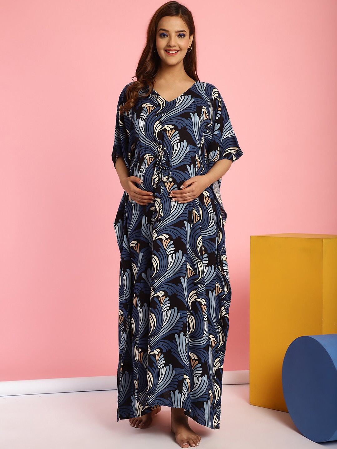 

Secret Wish Floral Printed Maternity Maxi Kaftan Nightdress, Blue