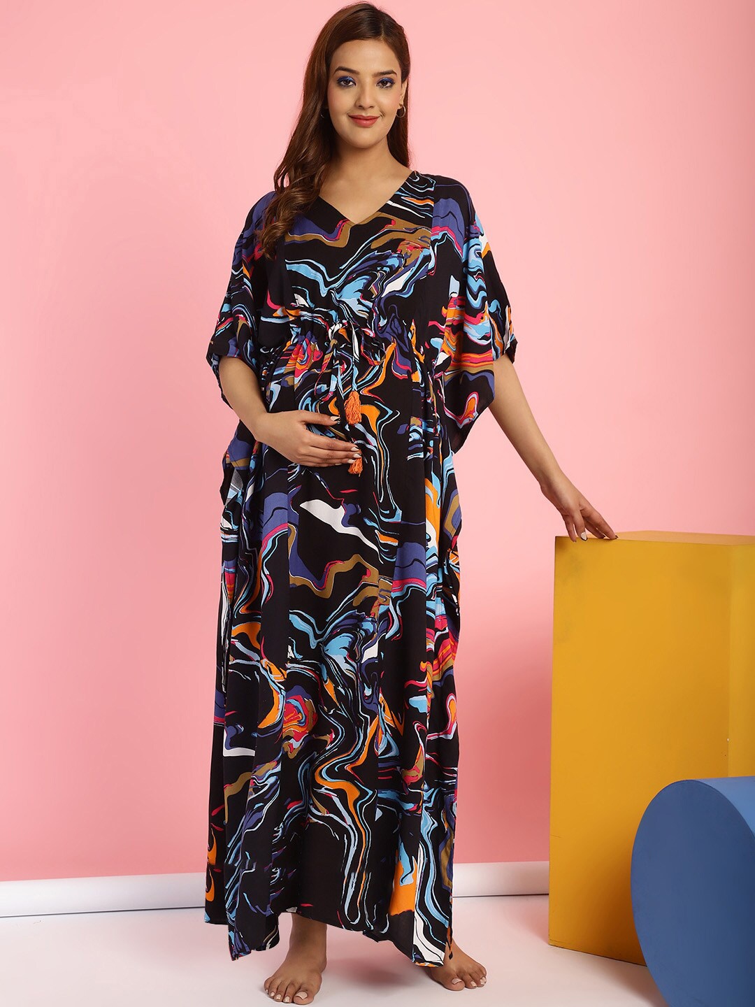 

Secret Wish Abstract Printed Maternity Maxi Kaftan Nightdress, Black