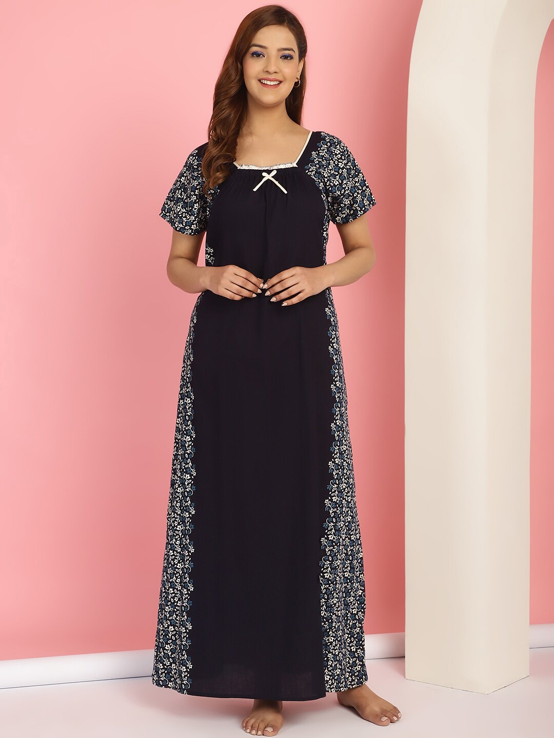 

Secret Wish Floral Printed Square Neck Pure Cotton Maxi Nightdress, Blue