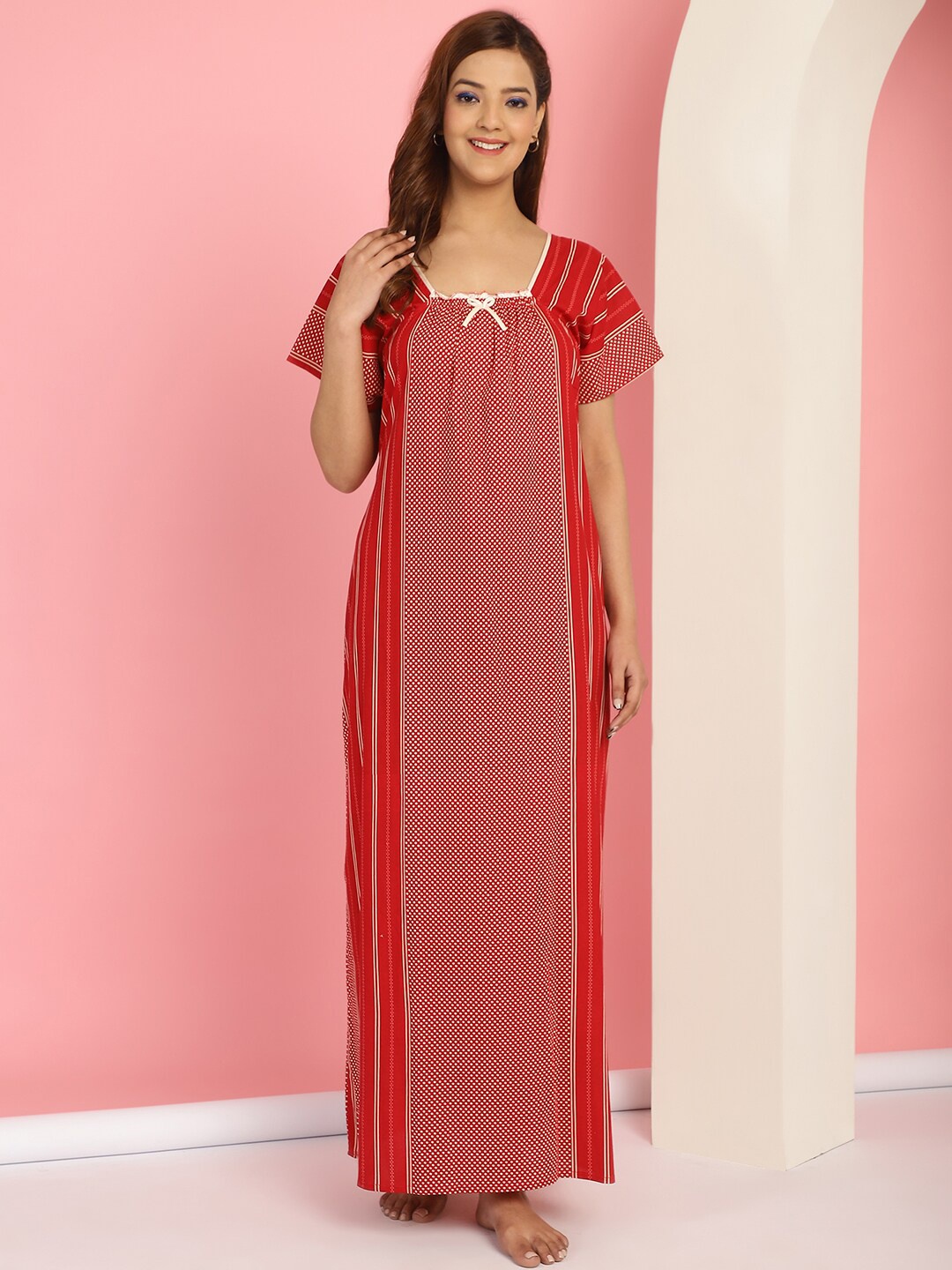 

Secret Wish Ethnic Motifs Printed Pure Cotton Maxi Nightdress, Red