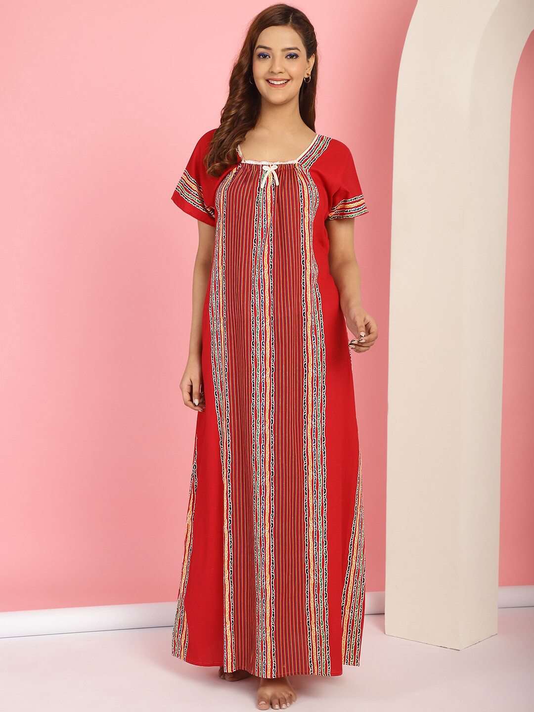 

Secret Wish Ethnic Motifs Printed Pure Cotton Maxi Nightdress, Red