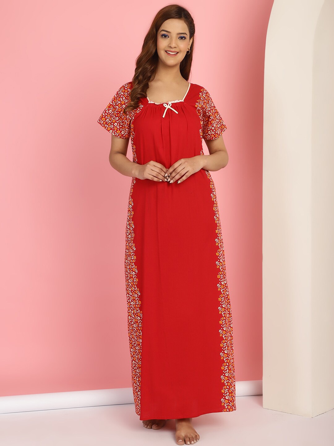 

Secret Wish Floral Printed Square Neck Pure Cotton Maxi Nightdress, Red
