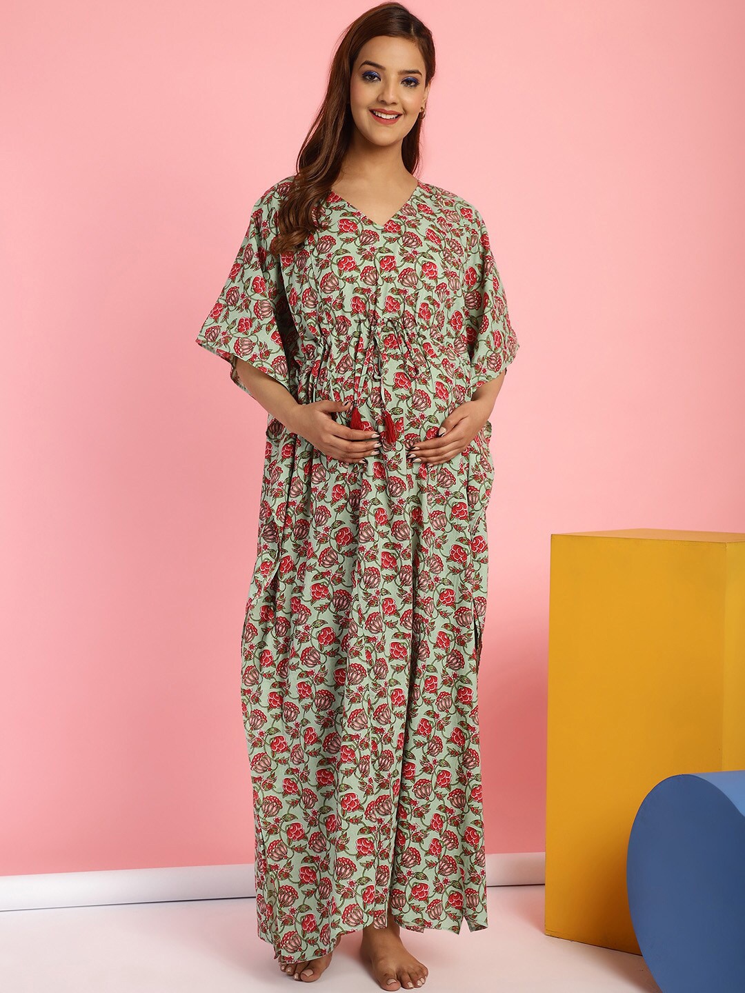 

Secret Wish Floral Printed Maternity Maxi Kaftan Nightdress, Green