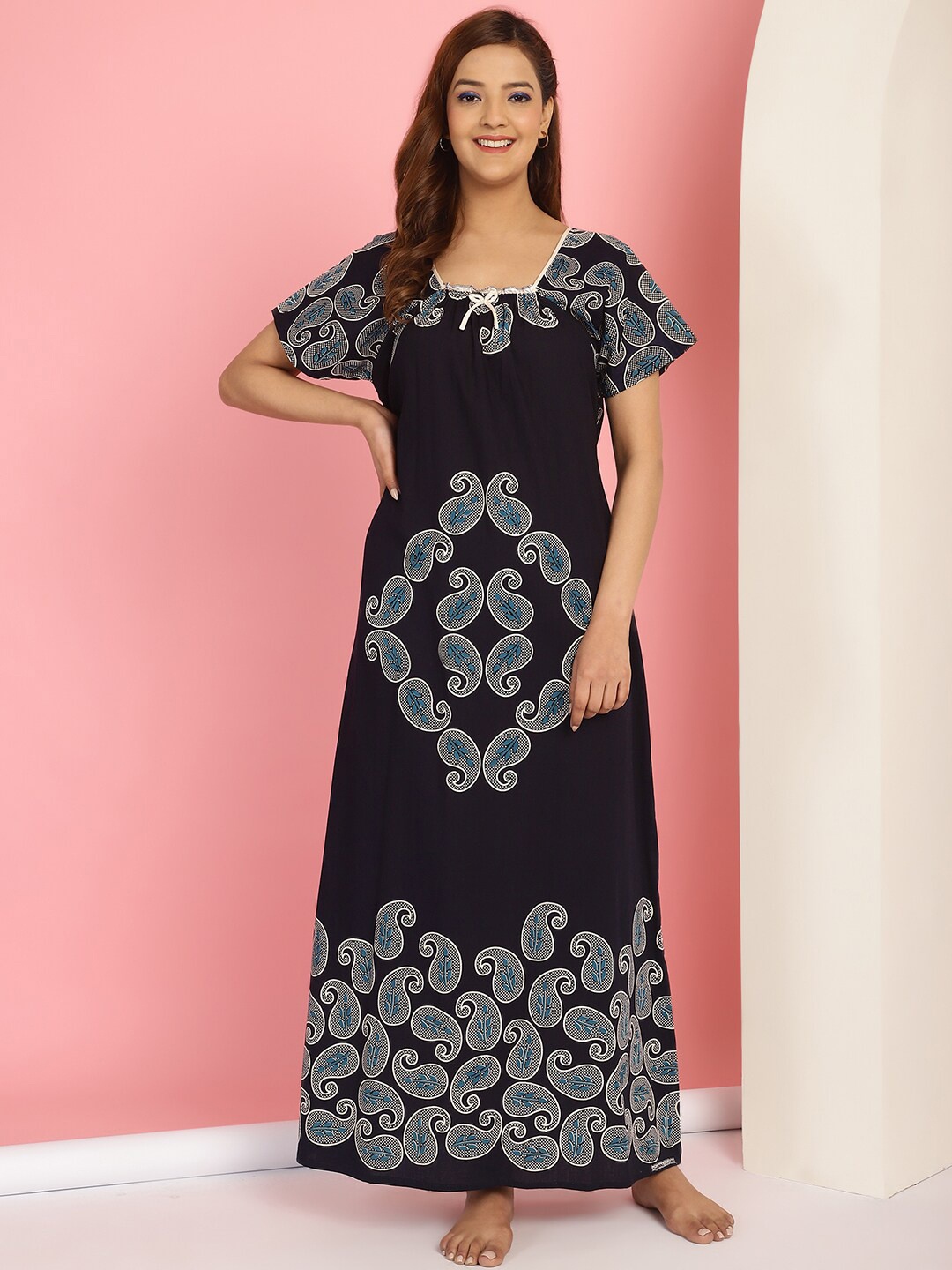 

Secret Wish Paisley Printed Pure Cotton Maxi Nightdress, Navy blue