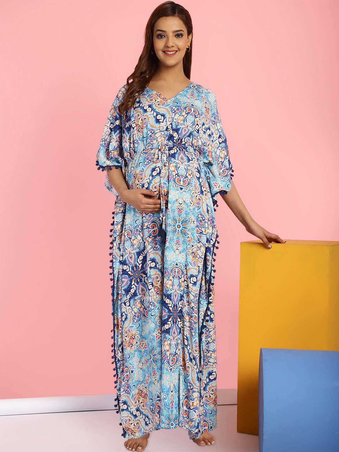 

Secret Wish Floral Printed Maternity Maxi Kaftan Nightdress, Blue
