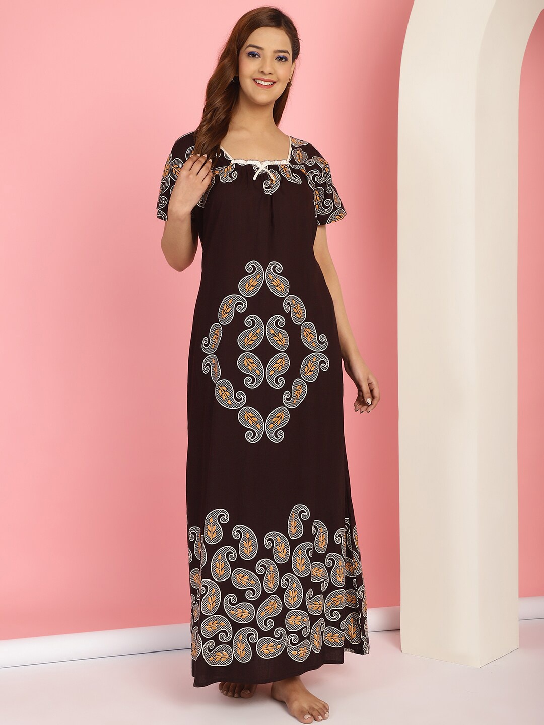 

Secret Wish Ethnic Motifs Printed Square Neck Pure Cotton Maxi Nightdress, Brown