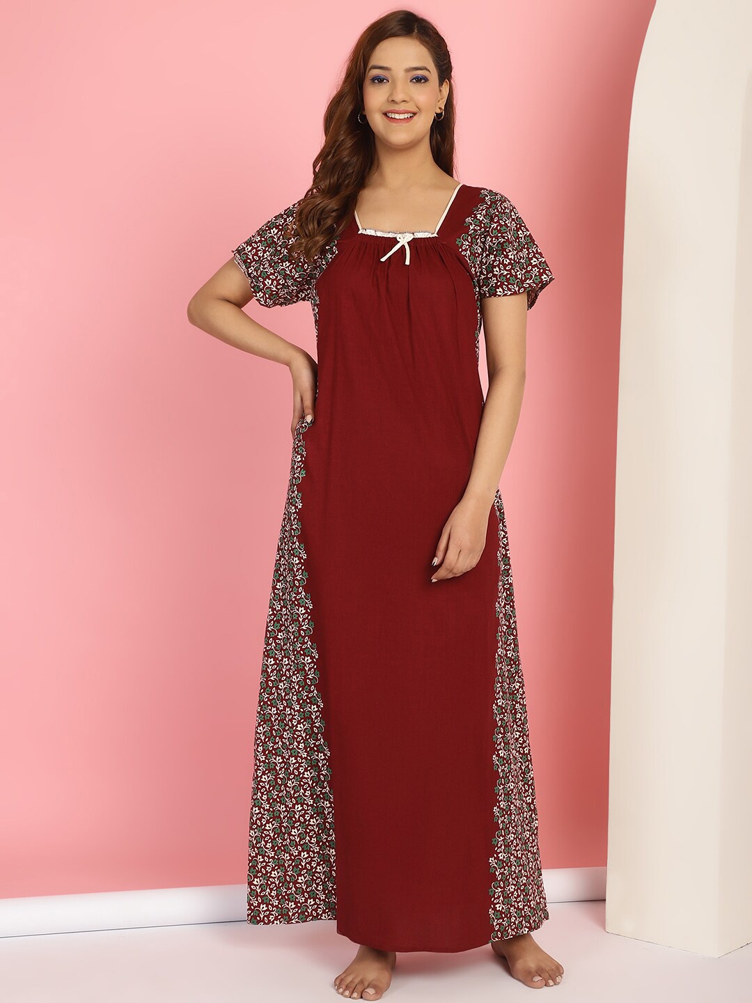 

Secret Wish Floral Printed Pure Cotton Maxi Nightdress, Maroon