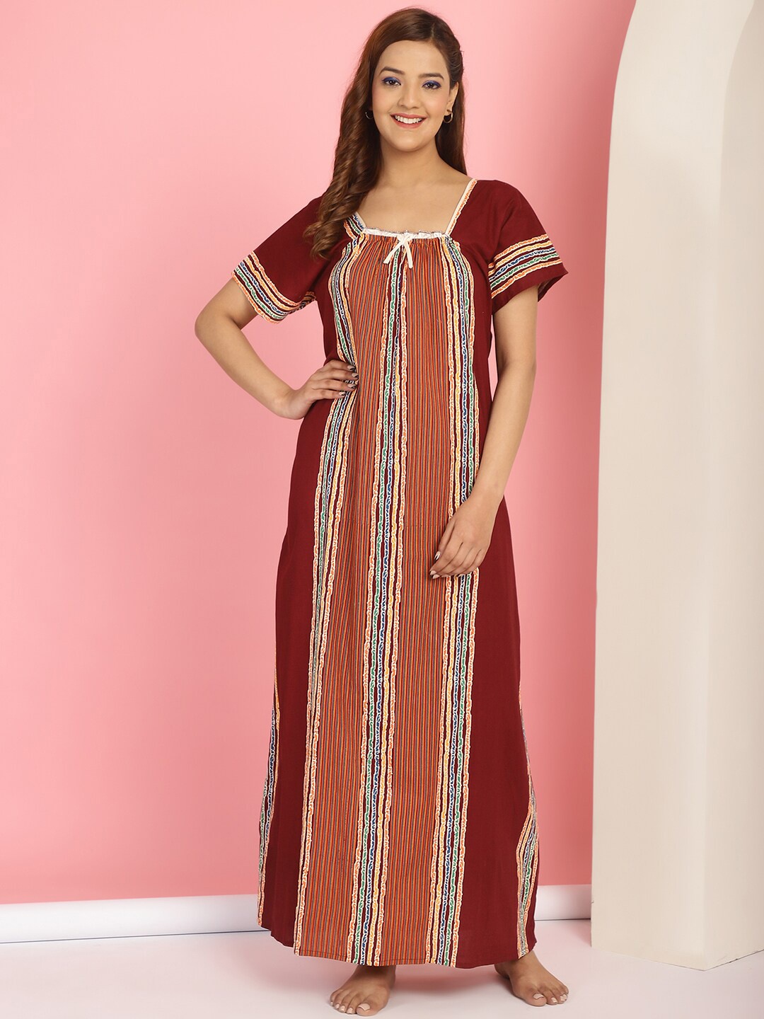 

Secret Wish Ethnic Motifs Printed Pure Cotton Maxi Nightdress, Maroon