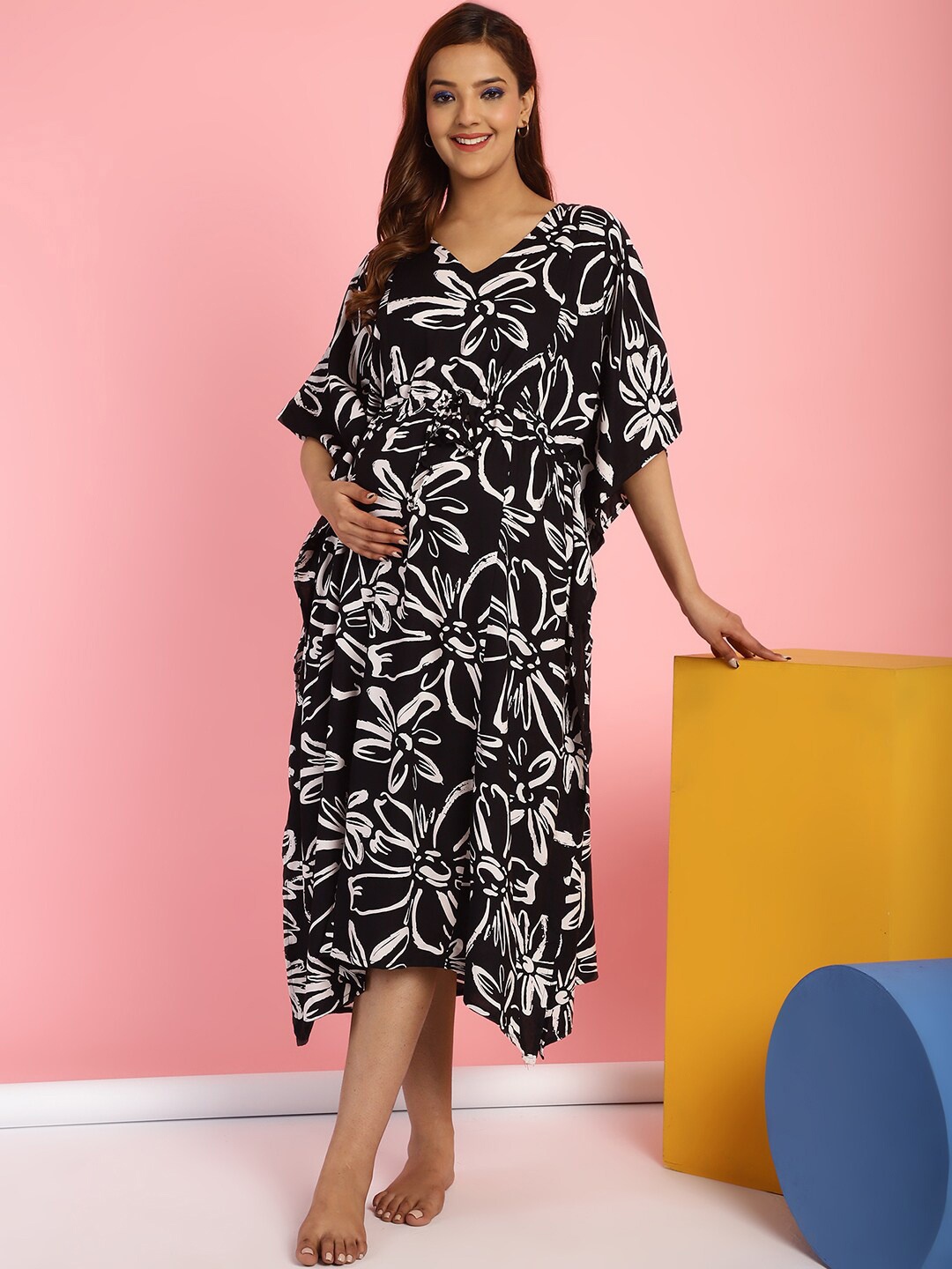 

Secret Wish Floral Printed Maternity Kaftan Nightdress, Black