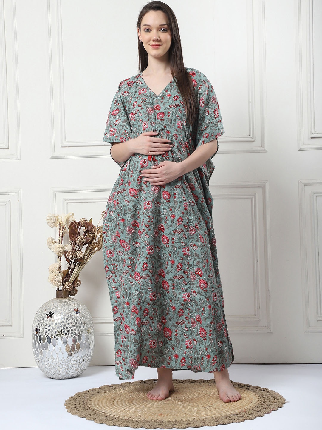 

Secret Wish Floral Printed Maternity Pure Cotton Maxi Kaftan Nightdress, Green