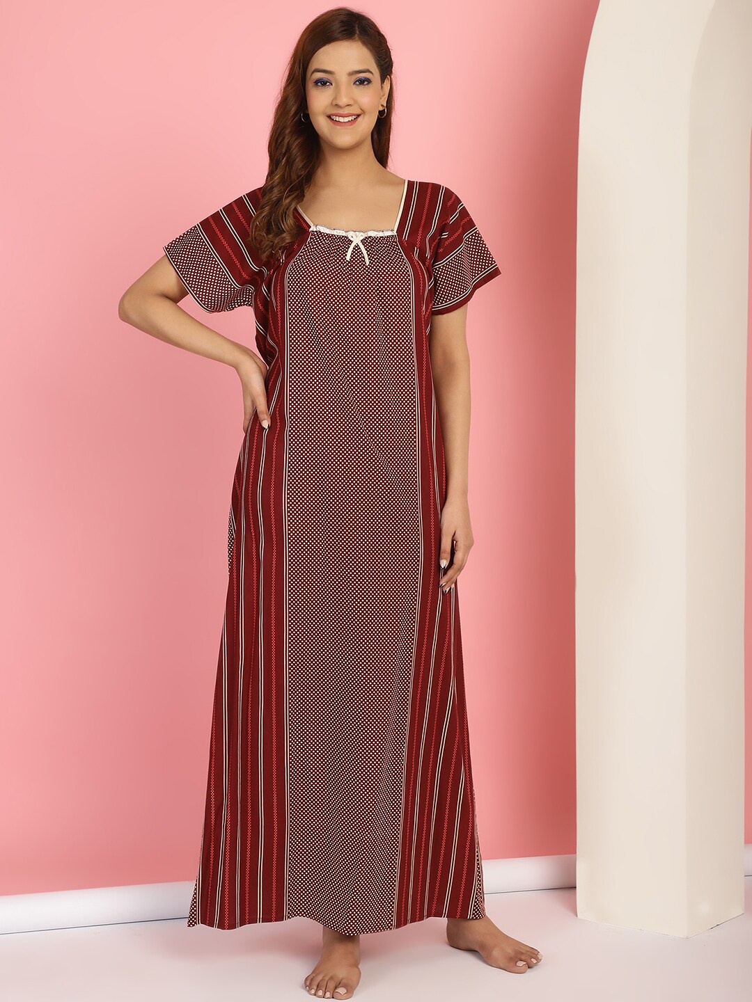 

Secret Wish Ethnic Motifs Printed Pure Cotton Maxi Nightdress, Maroon