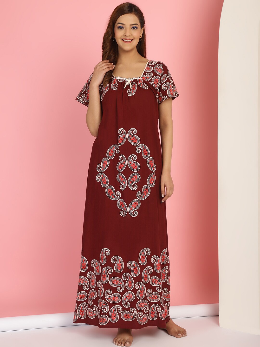 

Secret Wish Ethnic Motifs Printed Pure Cotton Maxi Nightdress, Maroon