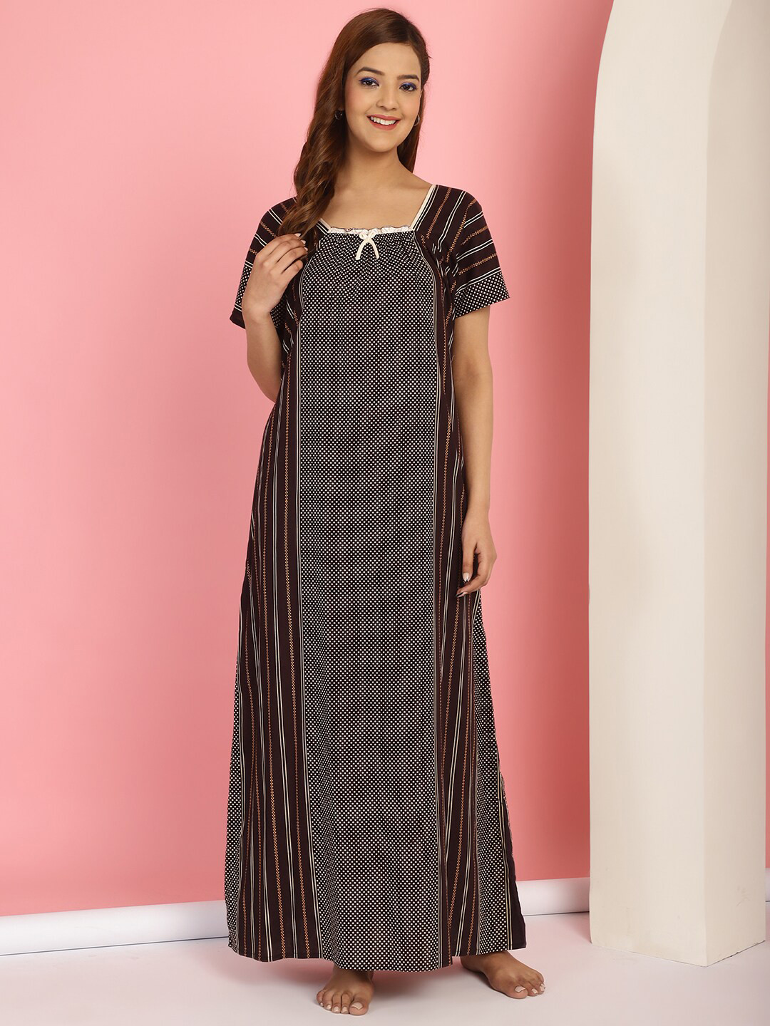 

Secret Wish Polka Dots Printed Pure Cotton Maxi Nightdress, Brown