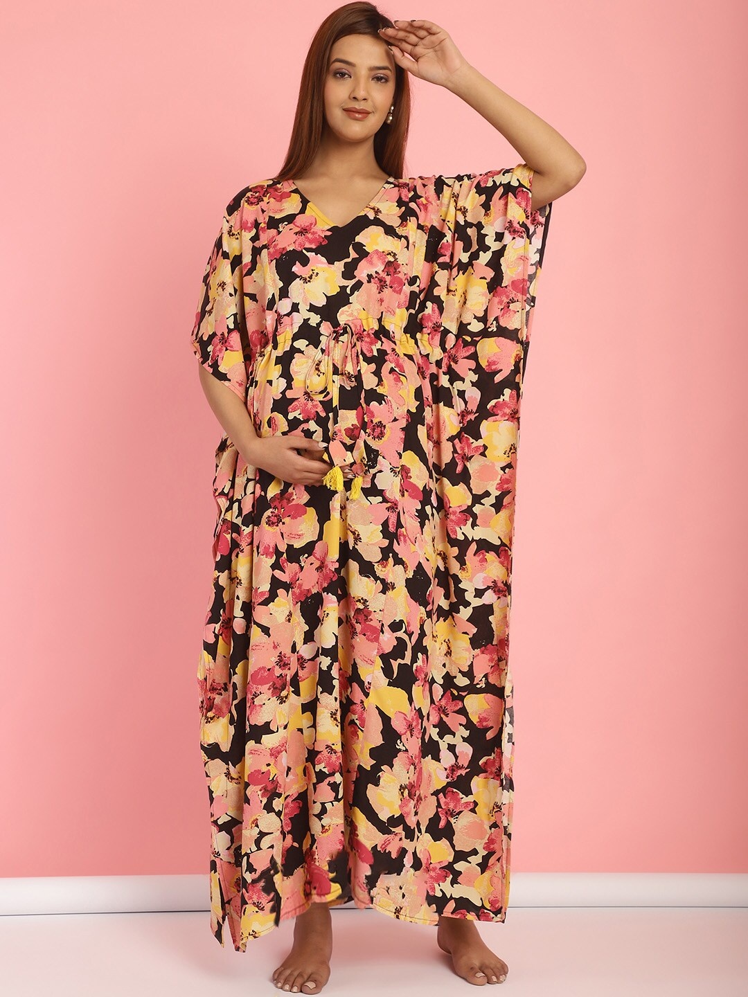 

Secret Wish Floral Printed Maternity Maxi Kaftan Nightdress, Black