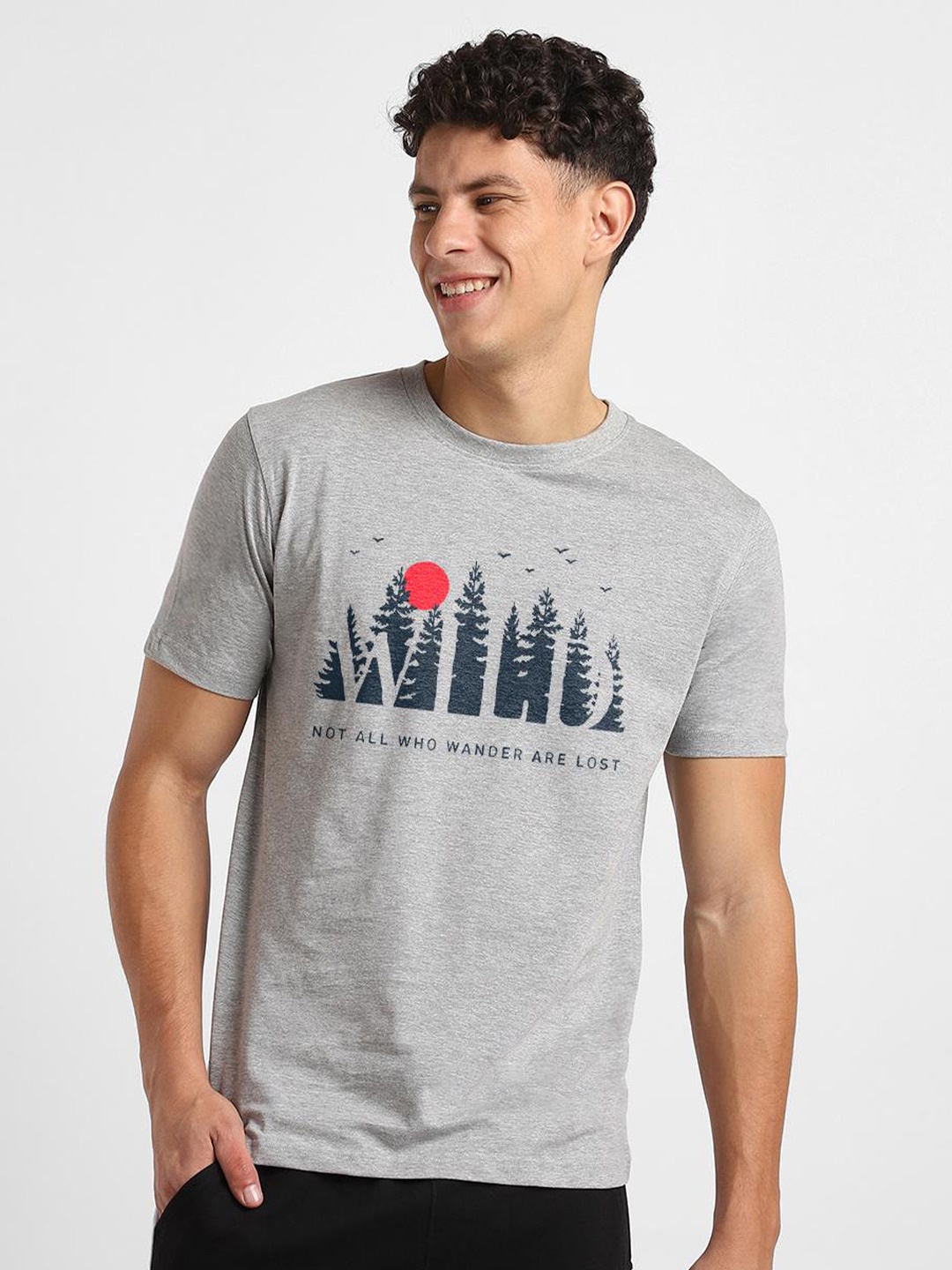 

NOBERO Men Typography Printed Pockets T-shirt, Grey melange