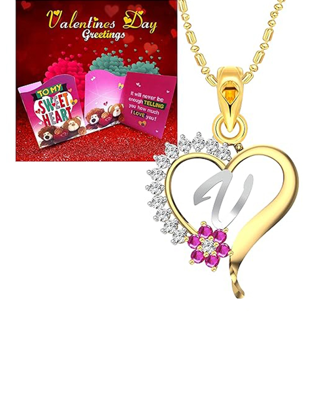 

Vighnaharta Gold Plated Cubic Zirconia V Pendant With Greeting Card