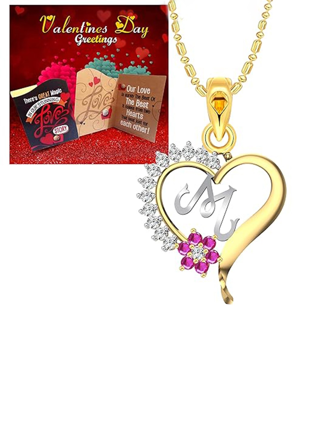 

Vighnaharta Gold-Plated & Red Printed Card With M-Letter Pendant