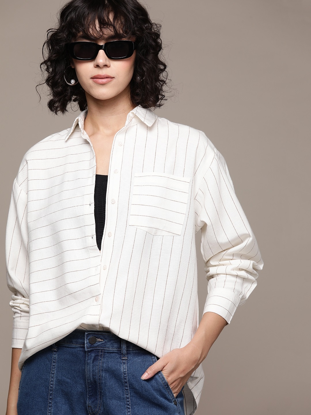 

Roadster The Lifestyle Co. Pure Cotton Striped Casual Shirt, White