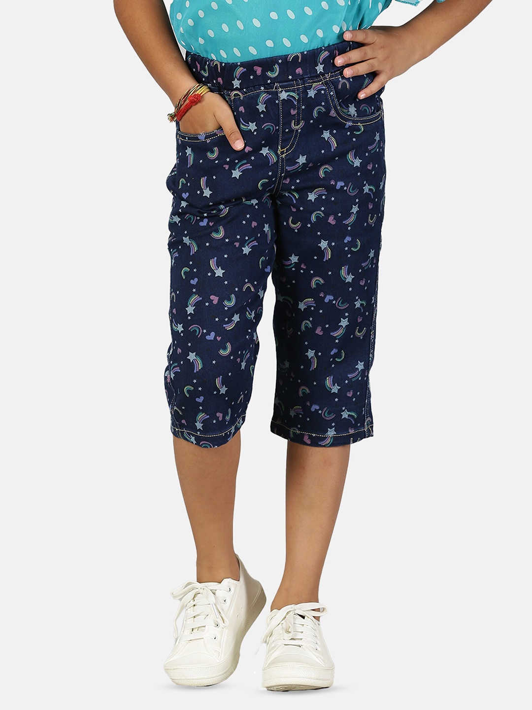 

KiddoPanti Girls Printed Denim Capri Jeggings, Blue