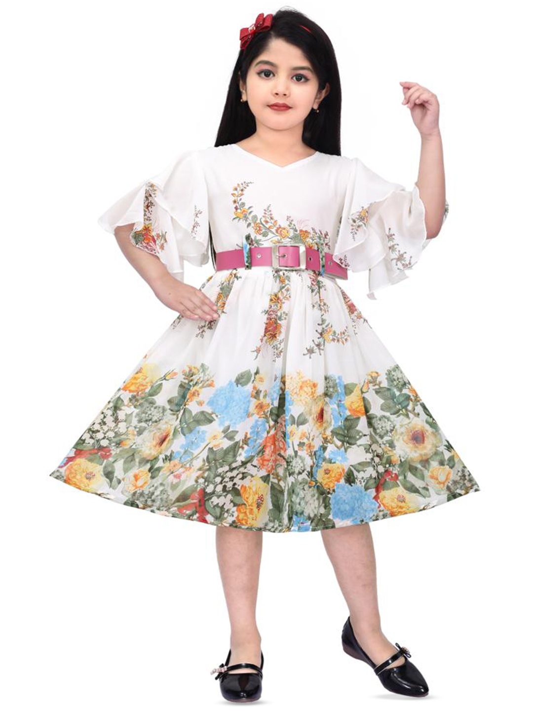 

BAESD Floral Print Flared Sleeve Fit & Flare Dress, White