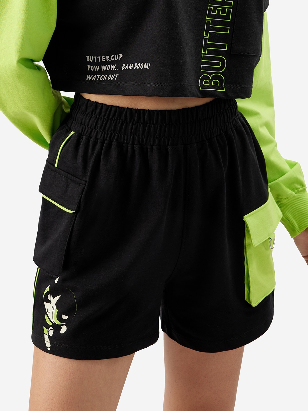 

The Souled Store Women Black & Lime Green Powerpuff Girls Printed Shorts