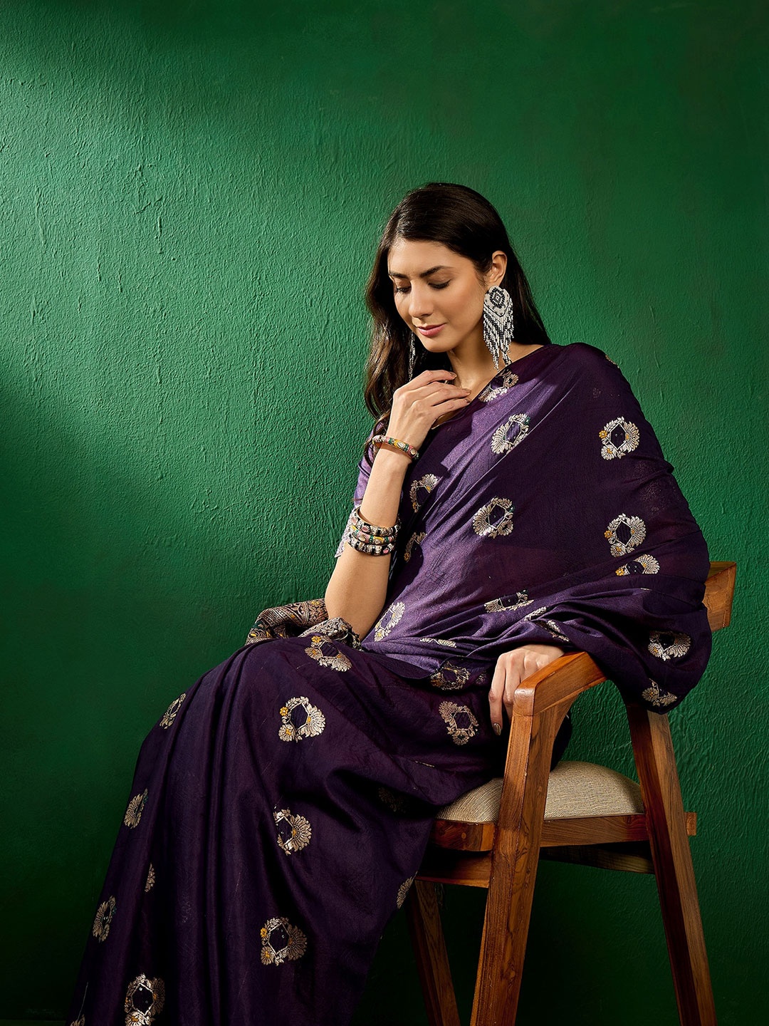 

Sangria Ethnic Motifs Woven Design Sequined Banarasi Sarees, Navy blue