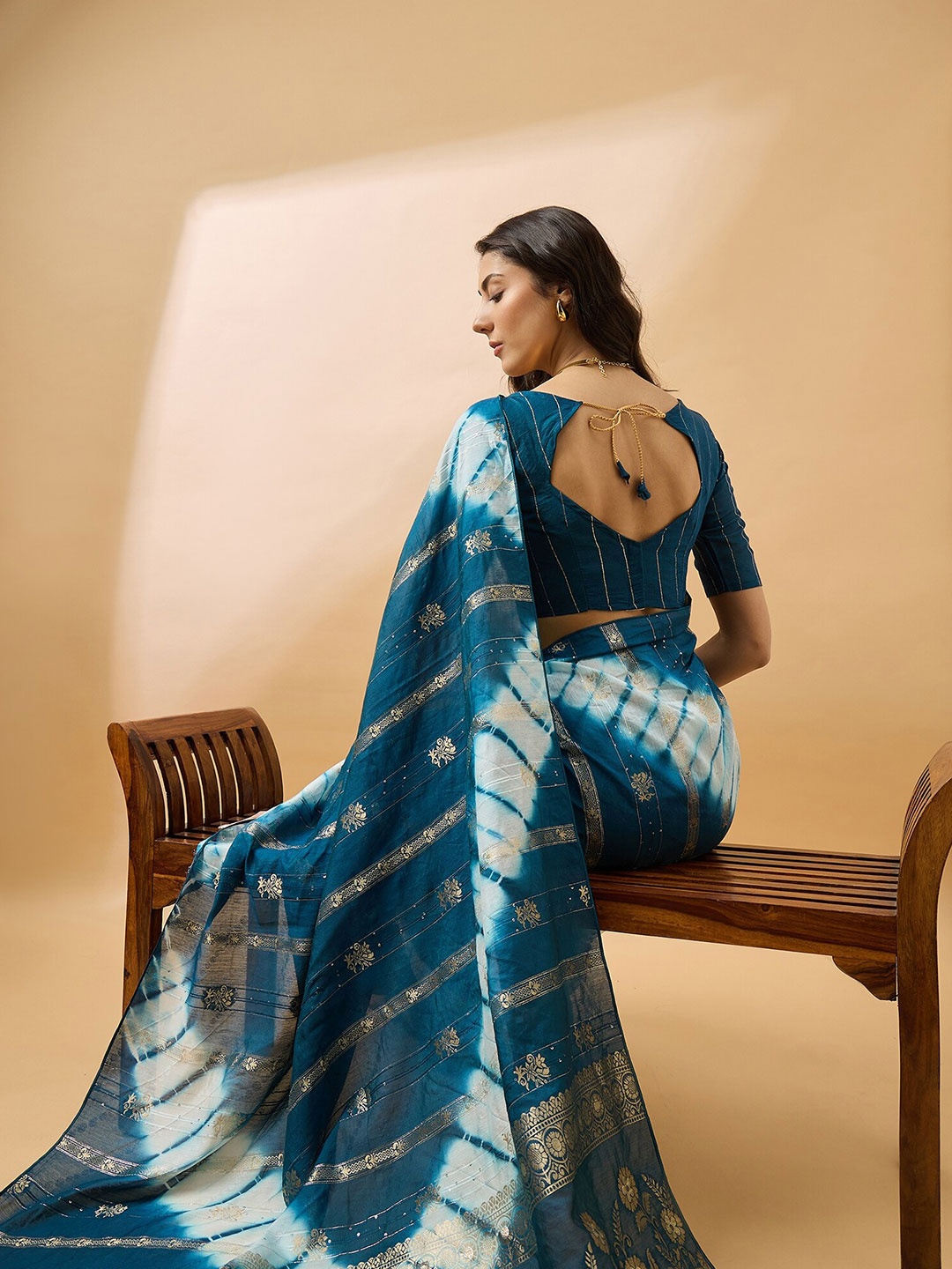 

Sangria Striped Woven Design Tie & Dye Banarasi Saree, Teal