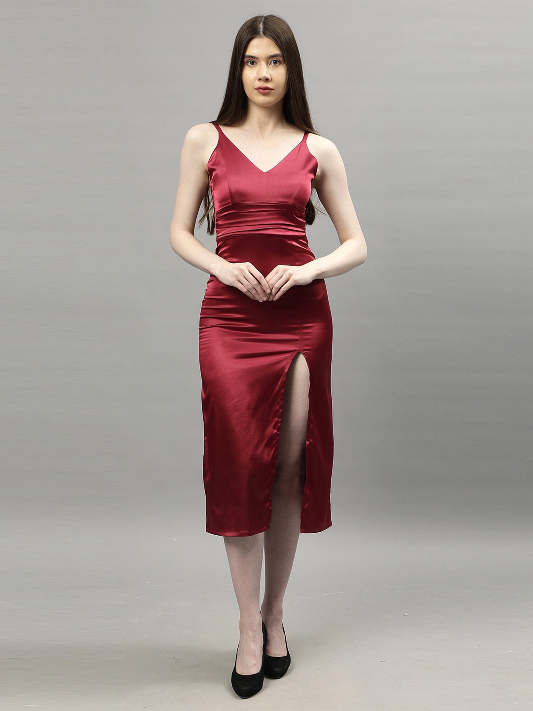 

NUEVOSDAMAS Ruffled Satin A-Line Midi Dress, Maroon