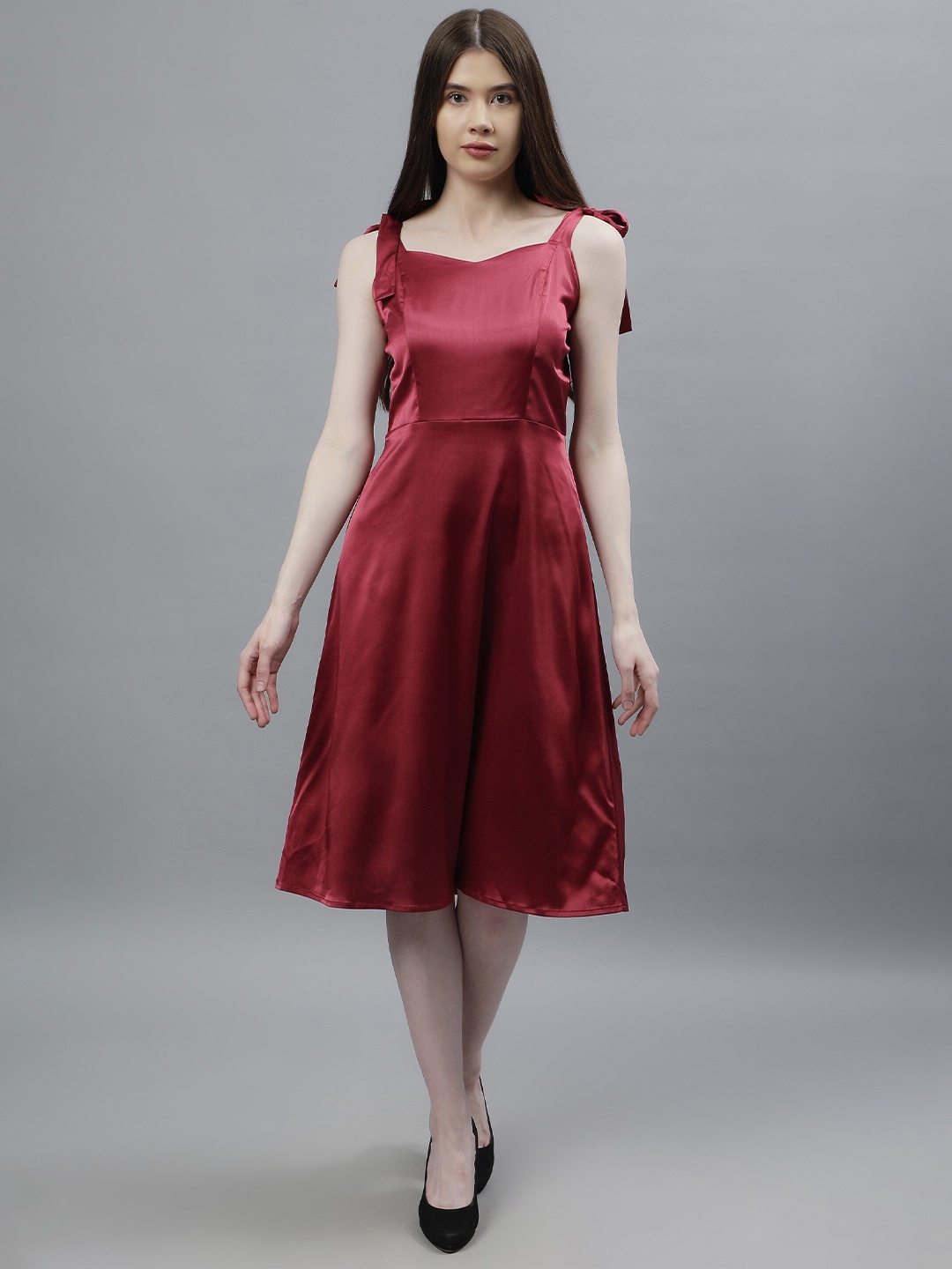 

NUEVOSDAMAS Ruffled Satin Fit & Flare Midi Dress, Maroon