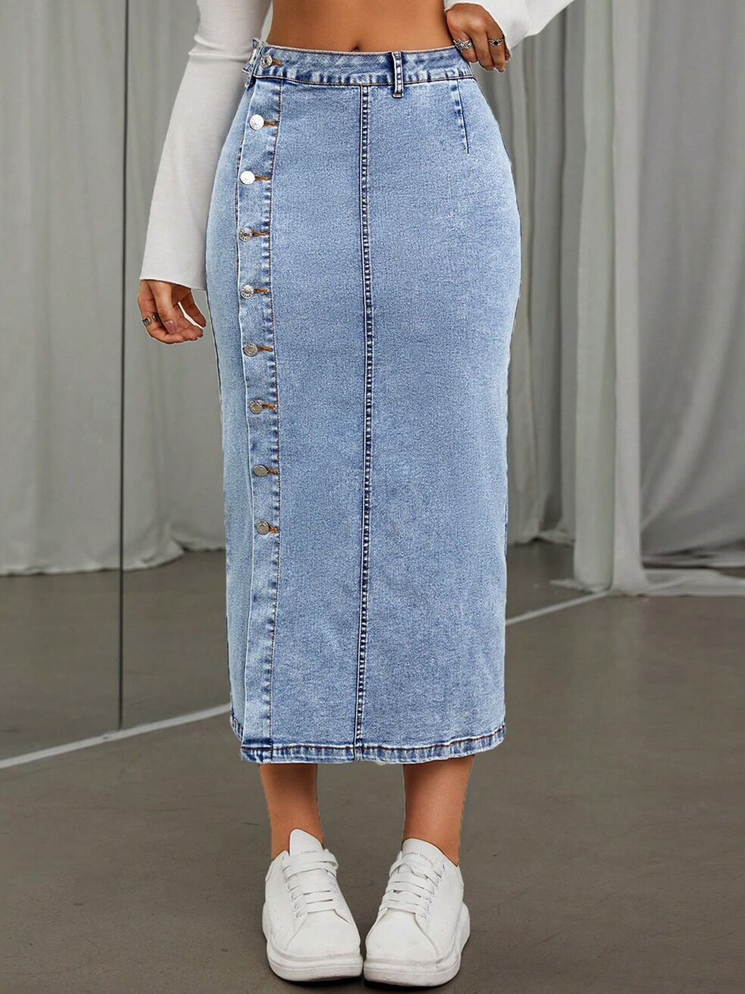 

Stylecast X Kotty Straight Midi Denim Skirts, Blue